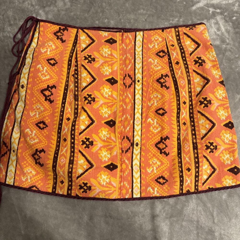 Free People Dark Green Cream Linen Tie Wrap Mini Short Skirt Women Size 10